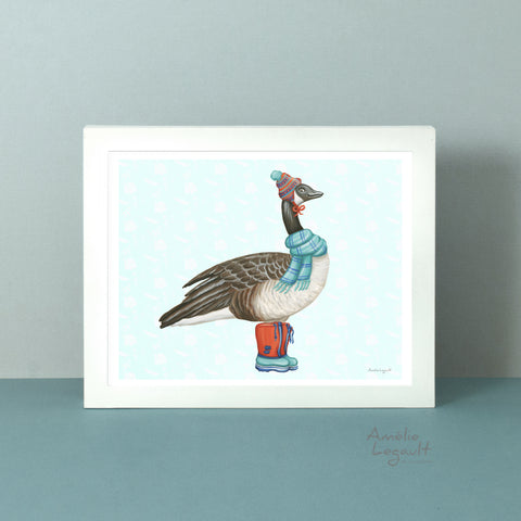 A poster featuring a canadian goose dress for winter by Amelie Legault 