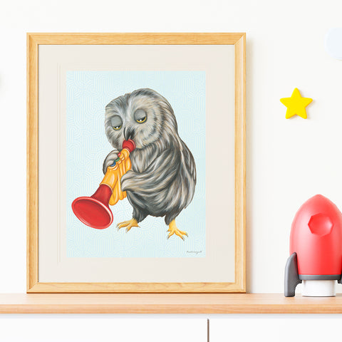 Baby Owl playing trumpet - Poster