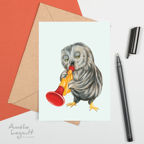 Baby Owl playing trumpet - Greeting Card