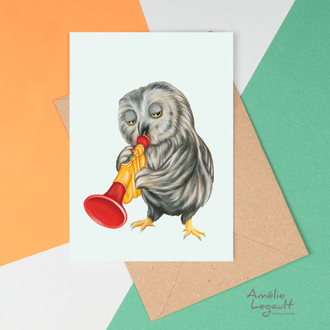 Baby Owl playing trumpet - Greeting Card