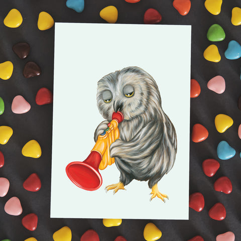 Baby Owl playing trumpet - Greeting Card