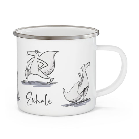 Kevin the squirrel doing yoga - enamel mug with stainless rim