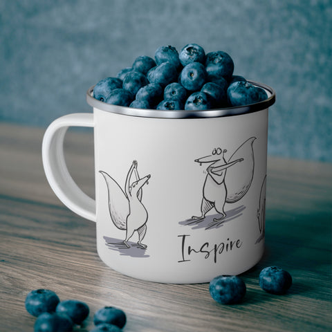Kevin the squirrel doing yoga - enamel mug with stainless rim