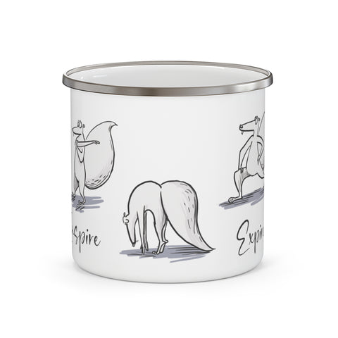 Kevin the squirrel doing yoga - enamel mug with stainless rim