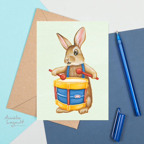 Baby Rabbit playing the drums - Greeting Card