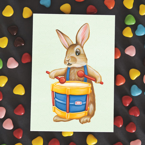 Baby Rabbit playing the drums - Greeting Card