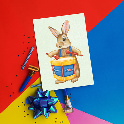 Baby Rabbit playing the drums - Greeting Card