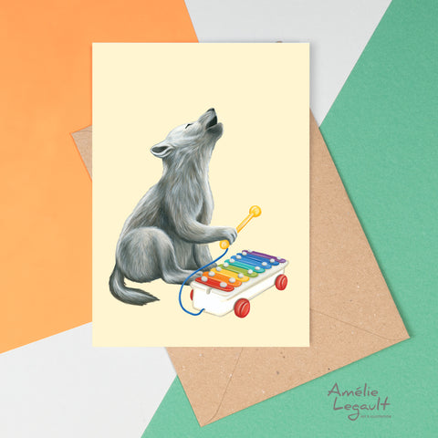 Baby Wolf playing xylophone- Greeting Card