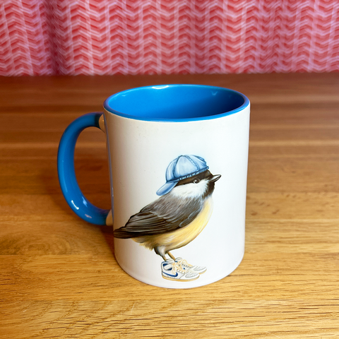 Chickadee wearing sneakers Mug