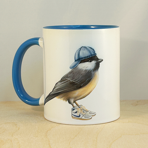 Chickadee wearing sneakers Mug