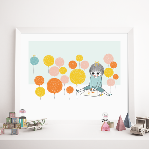 Boy Drawing with Balloons - Poster