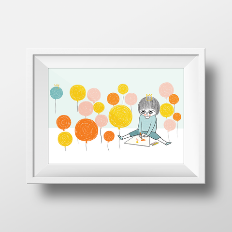 Boy Drawing with Balloons - Poster