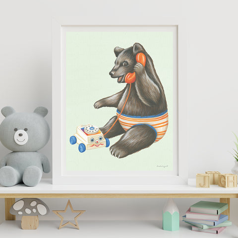 Bébé Ourson au téléphone - Affiche murale