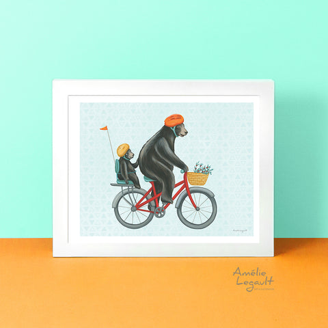 carte de souhaits d'ours noir canadien par Amélie Legault, carte d'anniversaire d'ours à vélo à bicyclette Canadian and north american black bear greeting card, black bear on bike birthday card by Canadian artist Amelie Legault 