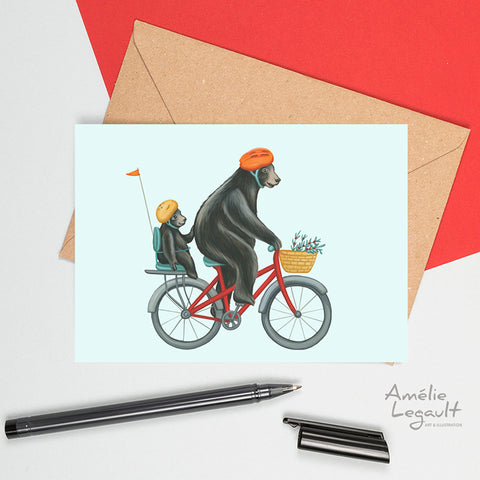 carte de souhaits d'ours noir canadien par Amélie Legault, carte d'anniversaire d'ours à vélo à bicyclette Canadian and north american black bear greeting card, black bear on bike birthday card by Canadian artist Amelie Legault 