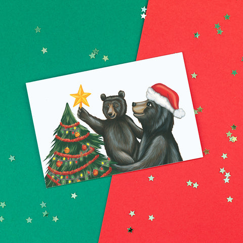 Bears decorating the christmas tree - Greeting Card