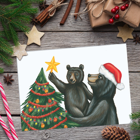 Ours décorant le sapin de Noël - Carte de souhait