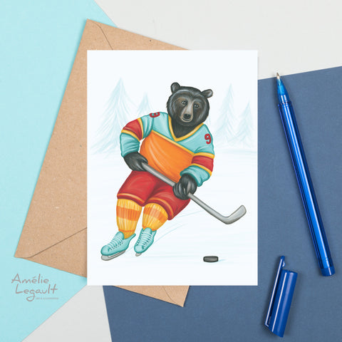 Bear Playing Hockey, Greeting Card