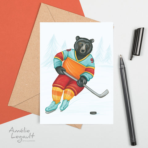 Bear Playing Hockey, Greeting Card