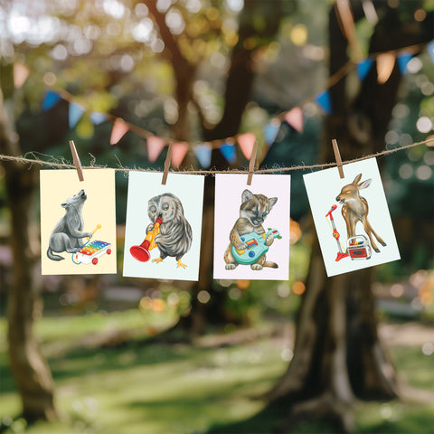 Baby Raccoon playing on vintage toy piano - Greeting Card