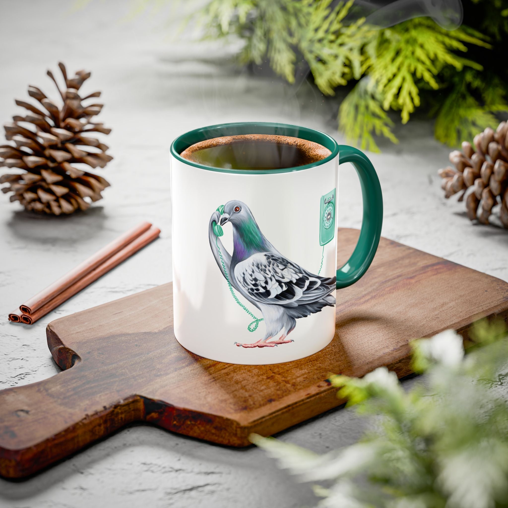 Pigeon on the phone mug