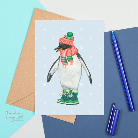 carte de noël pingouin par Amélie Legault, christmas card, holiday card, penguin card by amelie legault