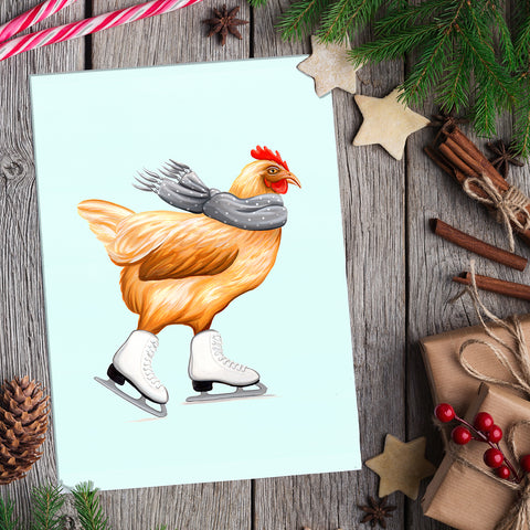 Ice skating, hen, card, chicken, amelie legault, holiday card, birthday card, carte de noël de poule en patins à glace