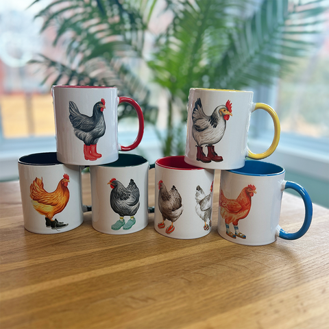 Rooster, hen and chicks riding a tandem bicycle Mug