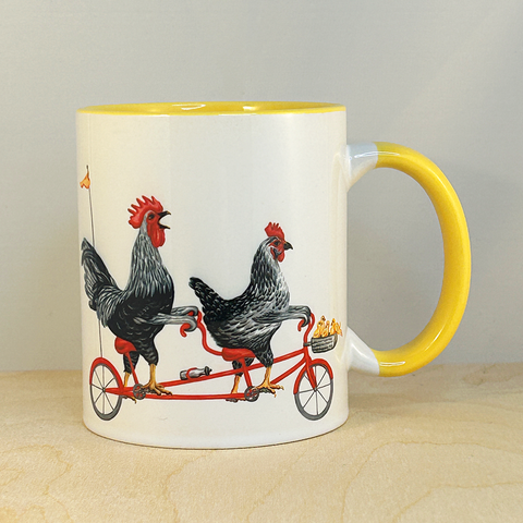 Rooster, hen and chicks riding a tandem bicycle Mug