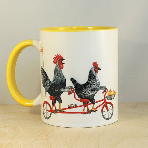 Rooster, hen and chicks riding a tandem bicycle Mug