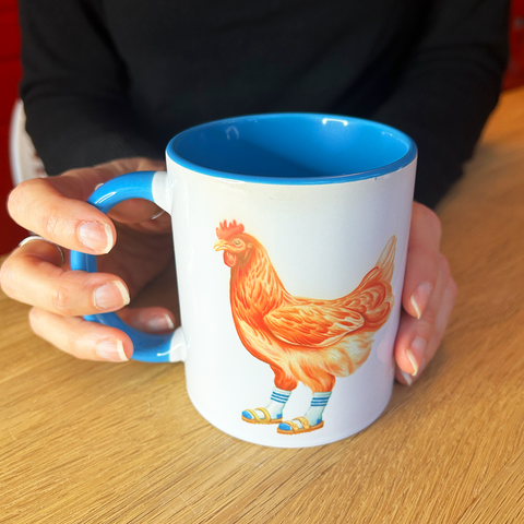 Hen wearing Sandals and socks Mug