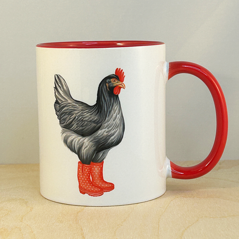 Tasse Poule en botte de pluie rouge