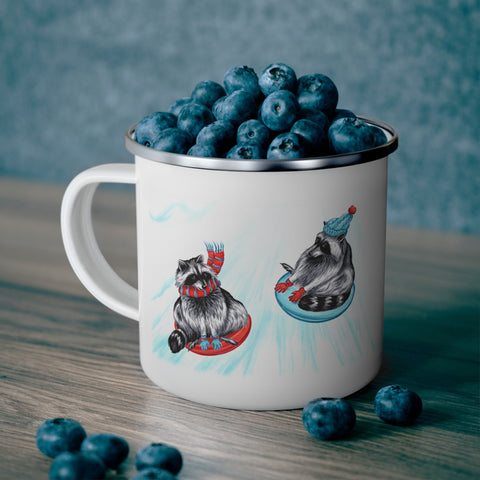 Raccoons sliding enamel mug with stainless rim