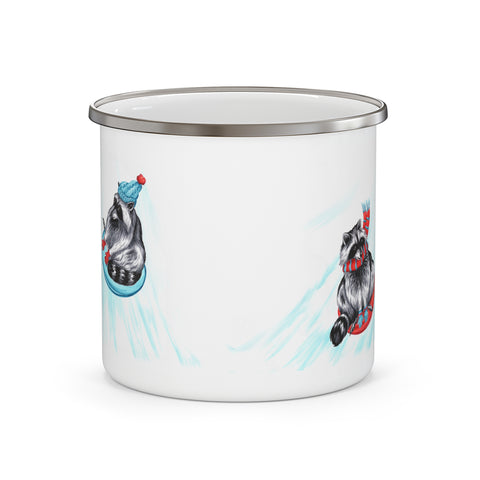 Raccoons sliding enamel mug with stainless rim