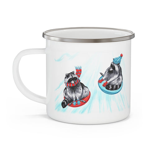 Raccoons sliding enamel mug with stainless rim