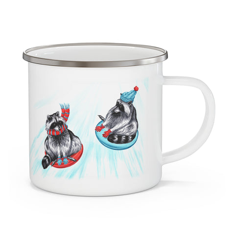 Raccoons sliding enamel mug with stainless rim