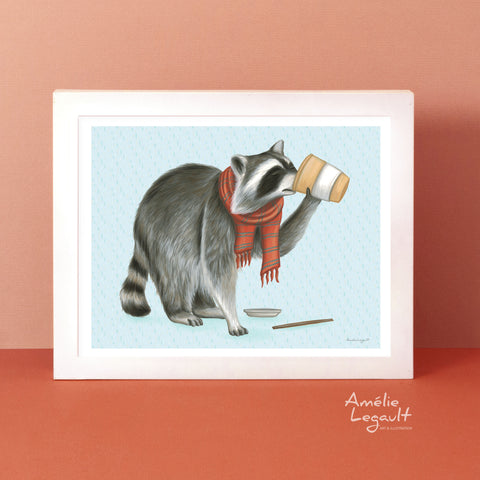A poster featuring a raccoon drinking coffee