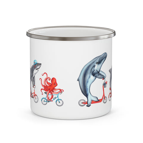 Whale, Shark and Octopus riding bikes enameled stainless steel mug