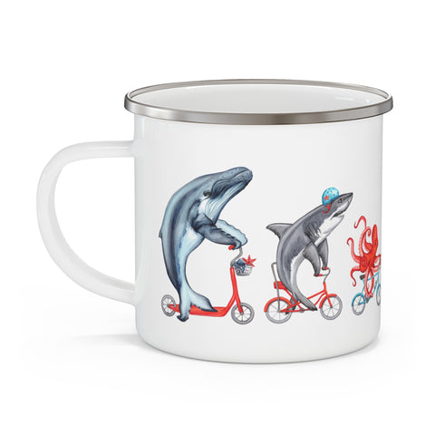 Whale, Shark and Octopus riding bikes enameled stainless steel mug