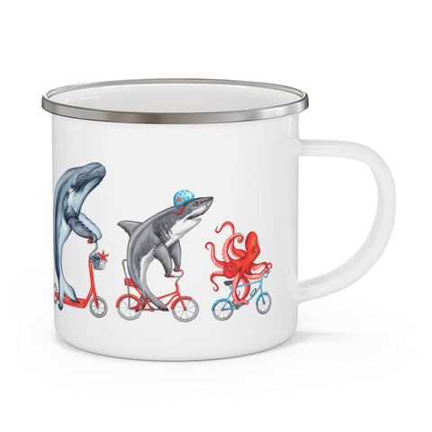 Whale, Shark and Octopus riding bikes enameled stainless steel mug