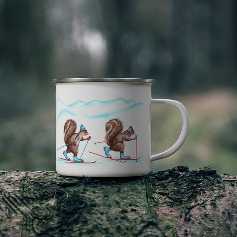 Squirrel skiing enamel mug with stainless rim