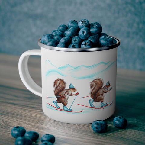 Squirrel skiing enamel mug with stainless rim