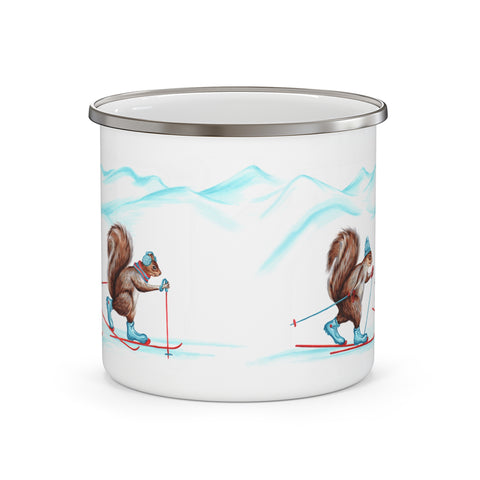 Squirrel skiing enamel mug with stainless rim