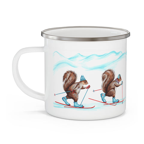 Squirrel skiing enamel mug with stainless rim