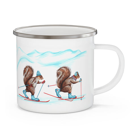 Squirrel skiing enamel mug with stainless rim