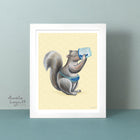 A poster featuring a squirrel drinking coffee