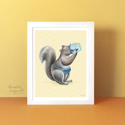 A poster featuring a squirrel drinking coffee