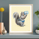 A poster featuring a squirrel drinking coffee