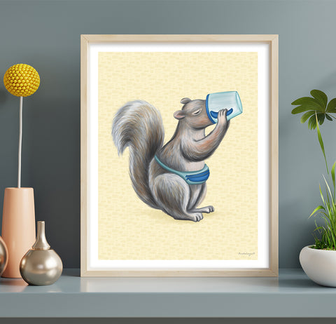 A poster featuring a squirrel drinking coffee