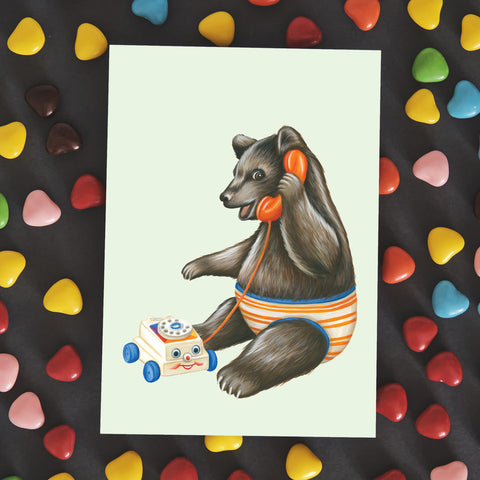 Baby bear talking on the phone greeting card